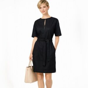 THEORY Organic Linen Blend  Belted Career Shift Dress Black Pockets Sz 2💛